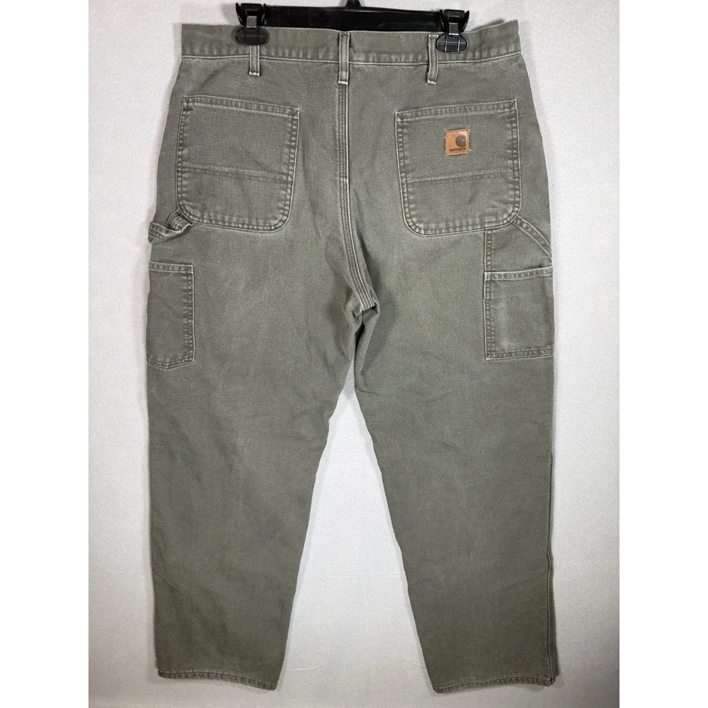Carhartt Men's Carpenter Pants Flannel Lined Green Workwear Size 36x32 B111 MOS